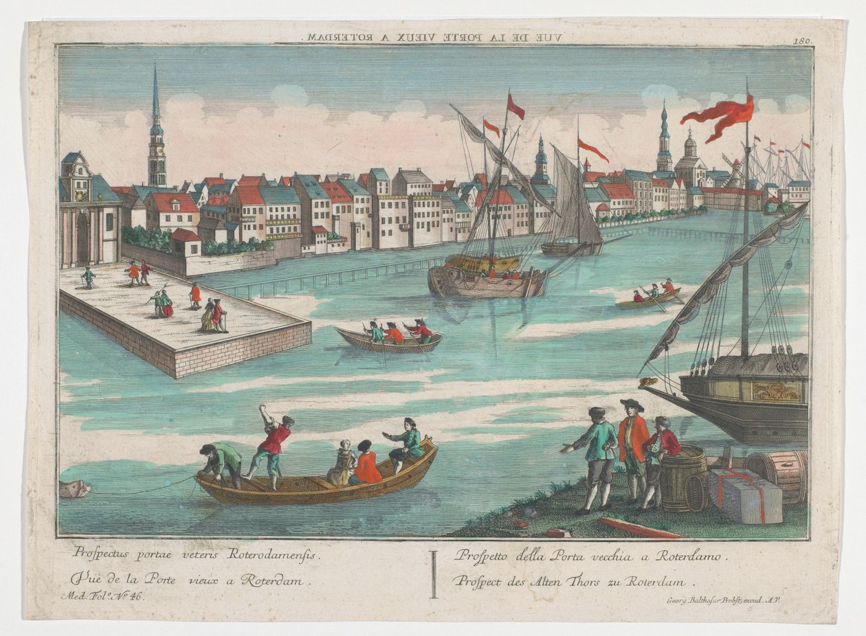 Udsigt over Ooster Oude Hoofdpoort i Rotterdam Prospect des Alten Thors zu Rotterdam (titel på objekt) Rotterdam (serietitel) af Georg Balthasar Probst