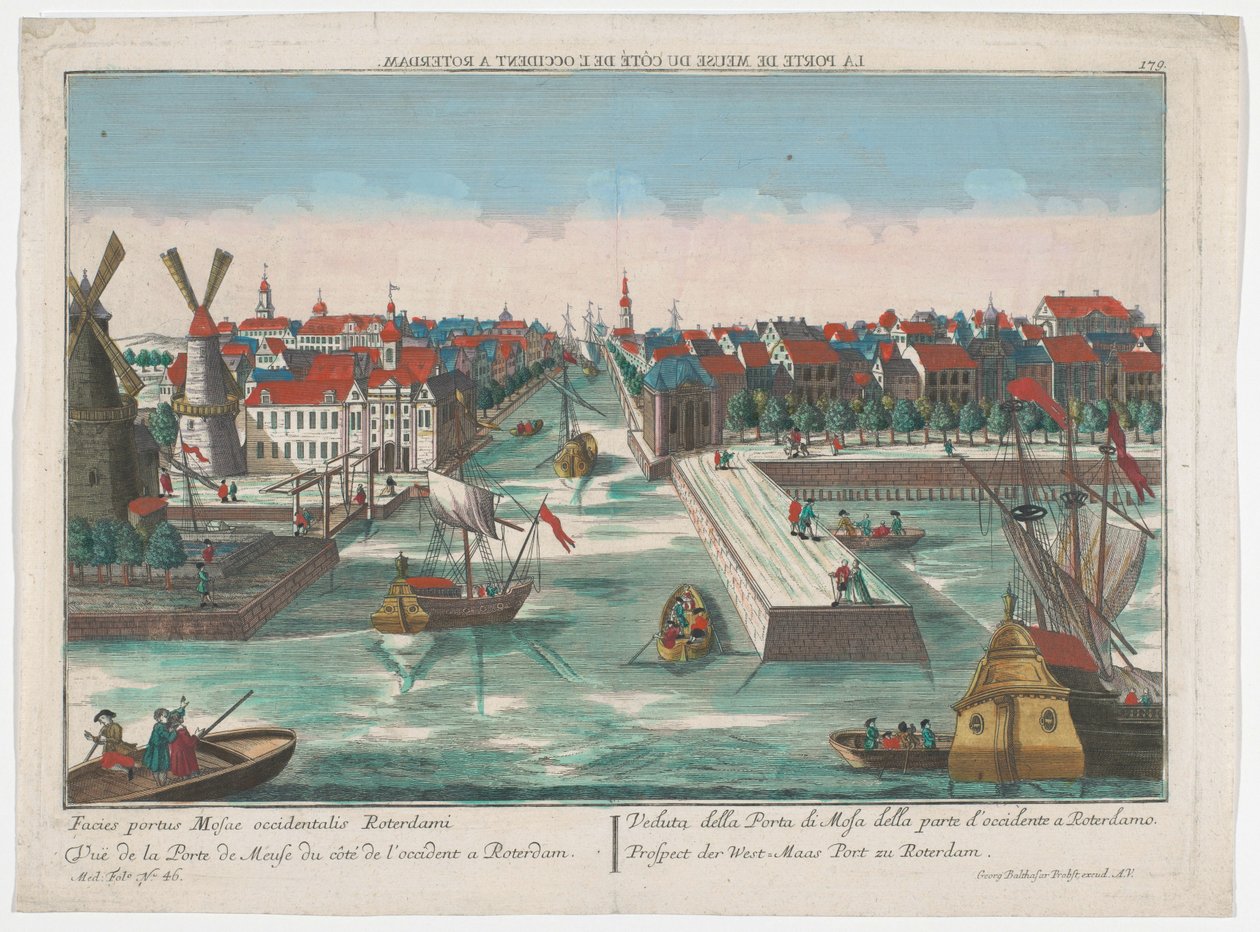 Udsigt over Wester Nieuwe Hoofdpoort og Ooster Nieuwe Hoofdpoort i Rotterdam Prospect der West-Maas Port zu Rotterdam (titel på objekt) Rotterdam (serietitel) af Georg Balthasar Probst
