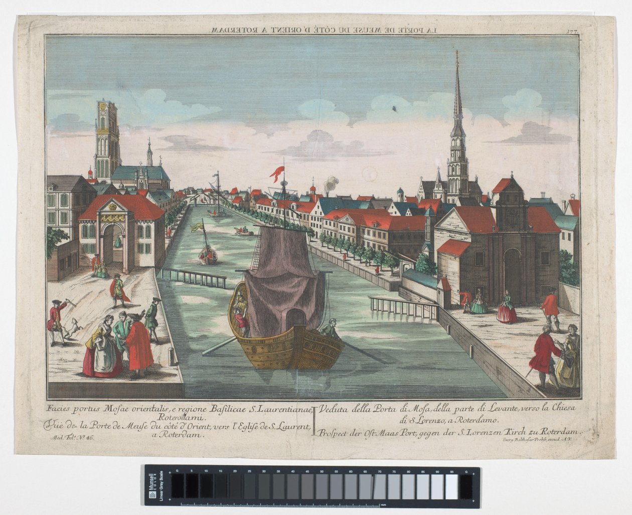 Udsigt over Wester Oude Hoofdpoort og Ooster Oude Hoofdpoort i Rotterdam Prospect der Ost Maas Port, gegen der S.Lorenzen Kirch zu Roterdam (titel på objekt) Rotterdam (serietitel) af Georg Balthasar Probst