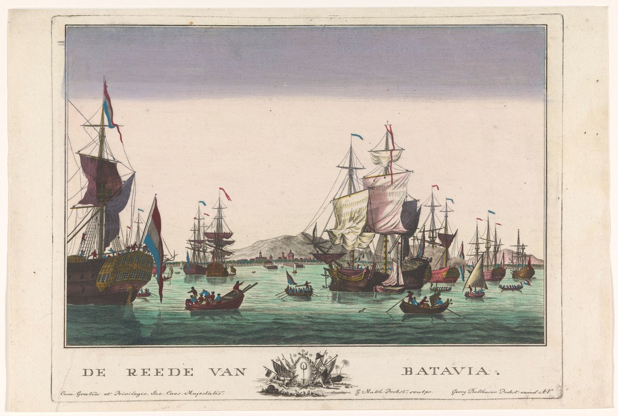 Udsigt over havnen i Batavia Reden til Batavia (titel på objekt) Havneudsigt (serietitel) af Georg Balthasar Probst