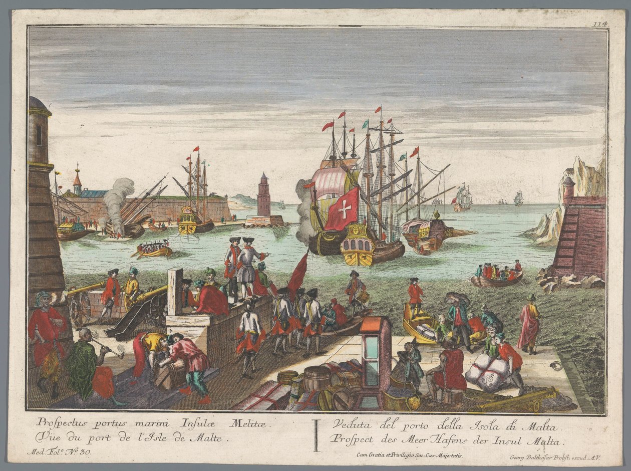 Udsigt over havnen på Malta Prospect des Meer Hafens der Insul Malta (titel på objekt) Havneudsigt (serietitel) af Georg Balthasar Probst