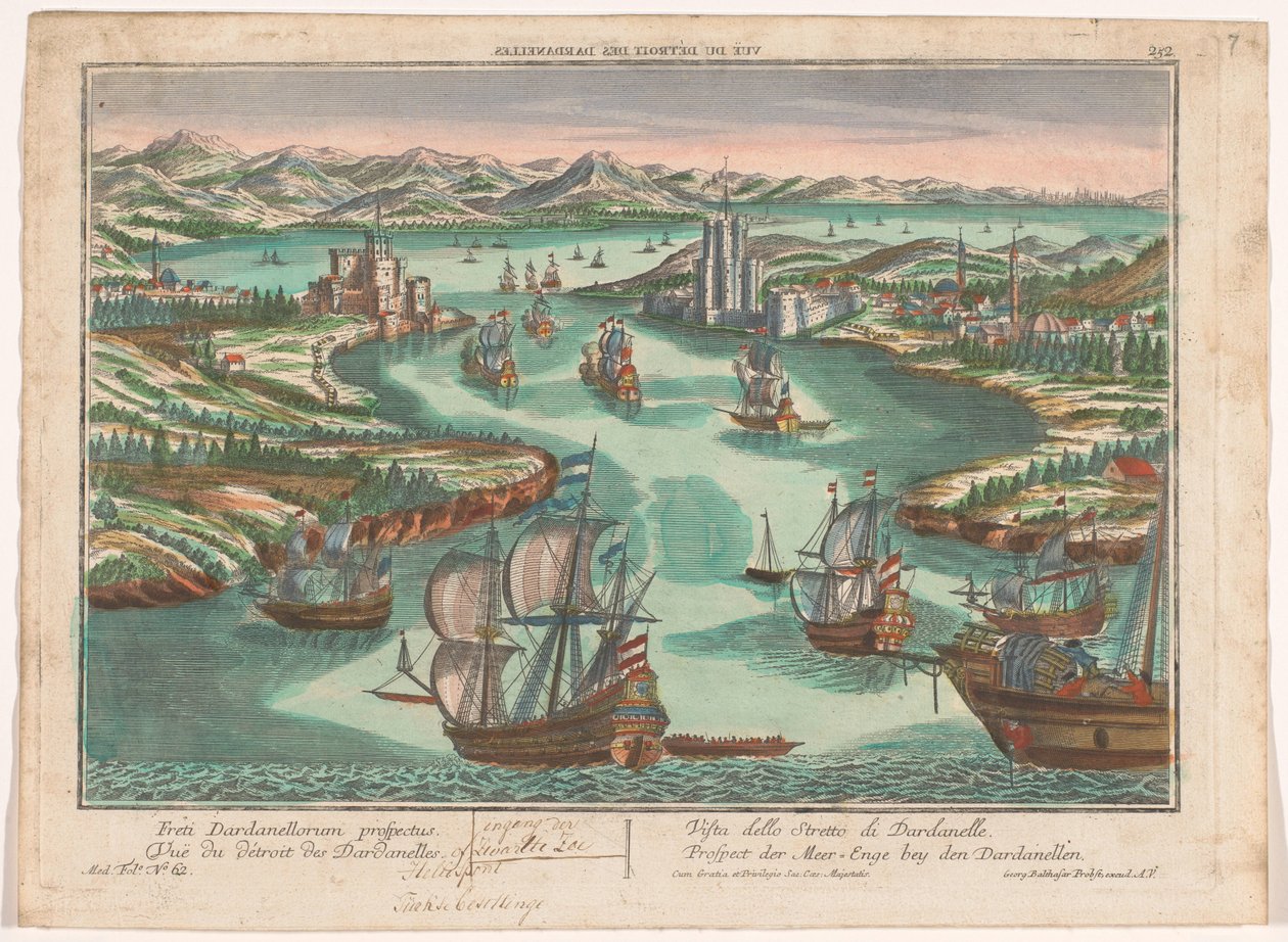 Udsigt over Dardanellerstrædet Prospect der Meer-Enge bey den Dardanellen (titel på objekt) Dardaneller (serietitel) af Georg Balthasar Probst