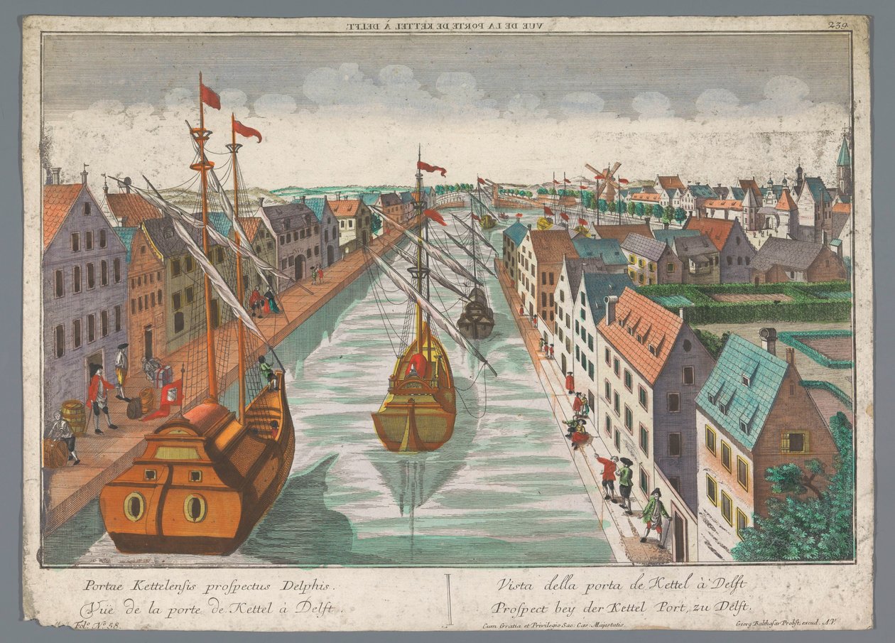 Udsigt over en kanal i nærheden af ​​Ketelpoort i Delft Prospect bey der Kettel Port, zu Delft (titel på objekt) Delft (serietitel) af Georg Balthasar Probst