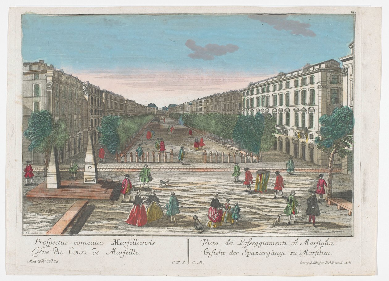 Udsigt over en promenade i Marseille Udsigt over vandreture i Marseille (titel på objekt) Marseille (serietitel) af Georg Balthasar Probst