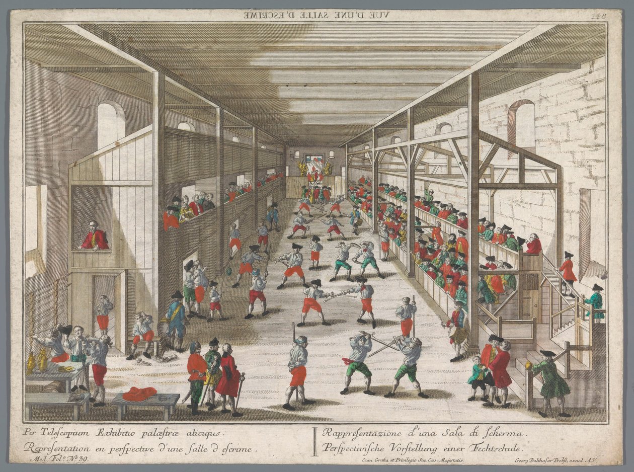 Udsigt til en fægteskole Perspectivische Vorstellung einer Fechtschule (titel på objekt) Turnerings- og fægteskoler (serietitel) af Georg Balthasar Probst