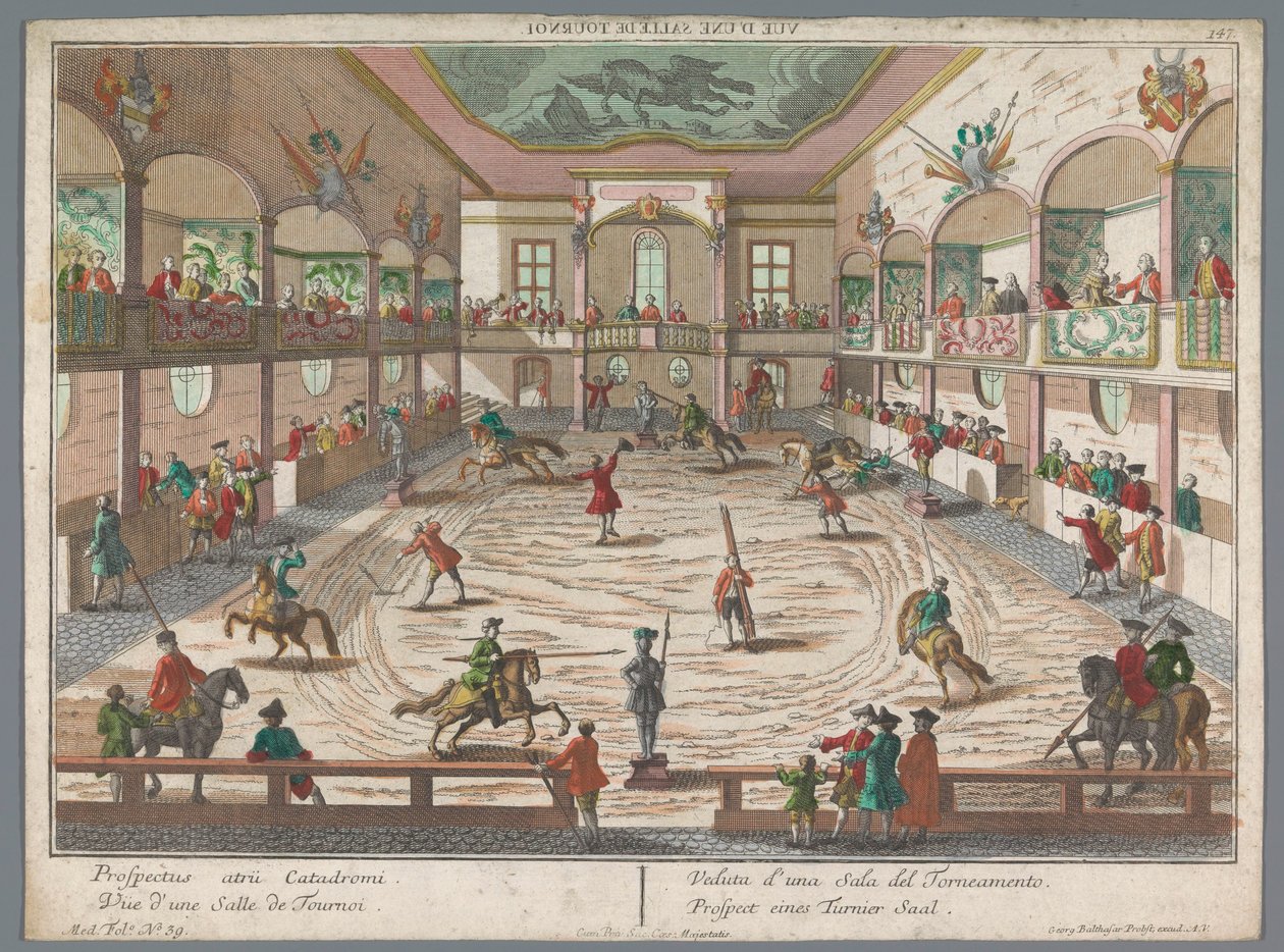 Udsigt over en turneringsskole Prospect eines Turnier Saal (titel på objekt) Turnerings- og fægteskoler (serietitel) af Georg Balthasar Probst