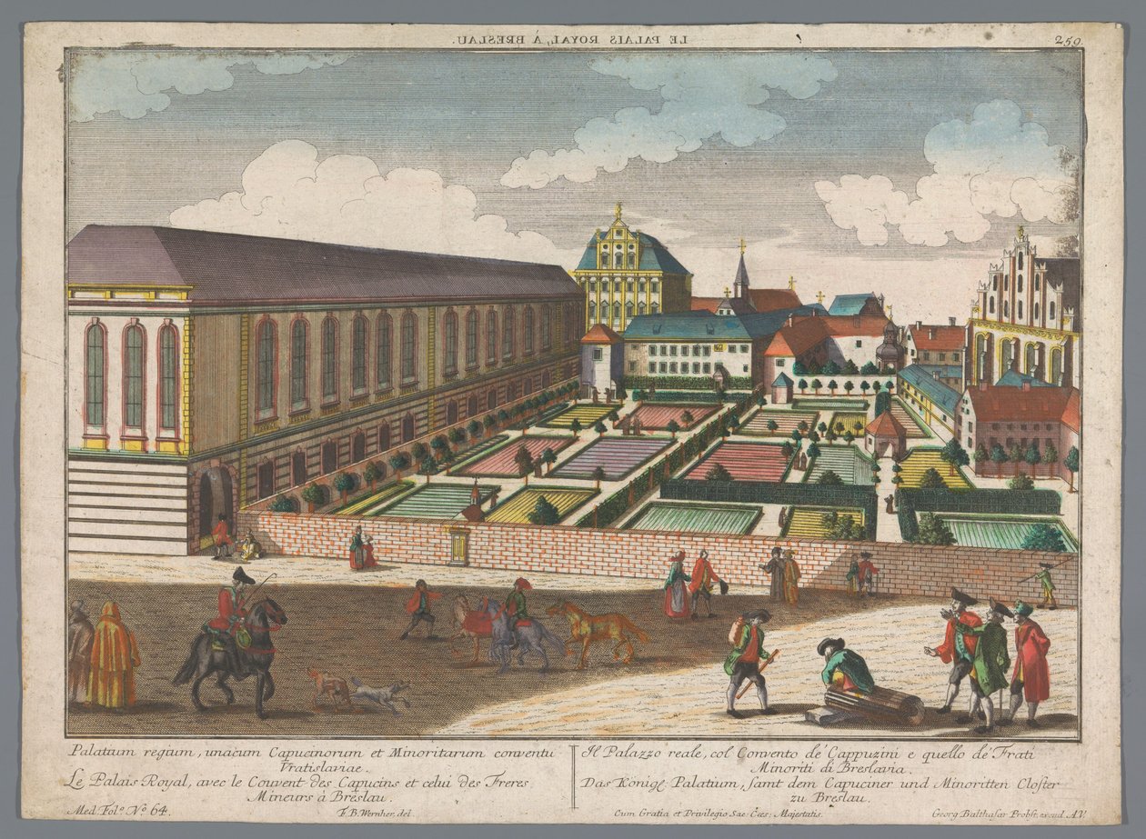 Udsigt over det kongelige palads og klosteret for de mindre kapucinerbrødre i Wroclaw Das Könige Palatium, samt dem Capuciner und Minoritten Closter zu Breslau (titel på objekt) Wroclaw (serietitel) af Georg Balthasar Probst
