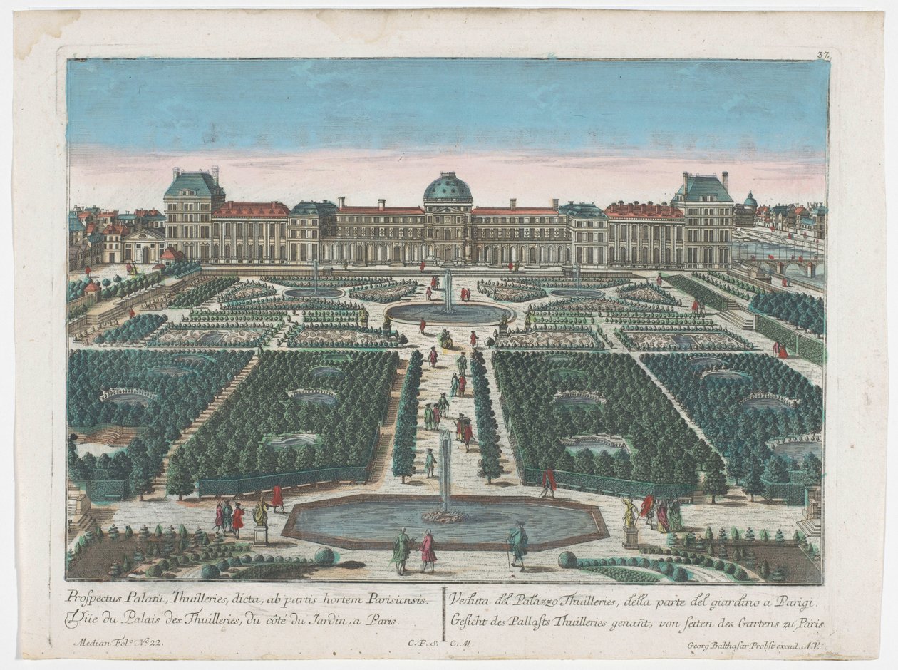 Udsigt over Palais des Tuileries i Paris set fra Jardin des Tuileries Gesicht des Pallasts Thuilleries genannt, von seiten des Gartens zu Paris (titel på objekt) Paris (serietitel) af Georg Balthasar Probst