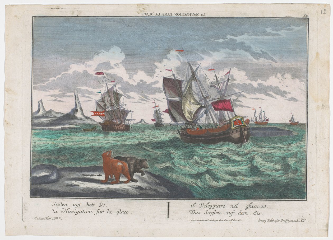 Udsigt over skibene, der sejler på ishavet Das Seeglen auf dem Eis (titel på objekt) Hvalfangst ud for Grønland (serietitel) af Georg Balthasar Probst