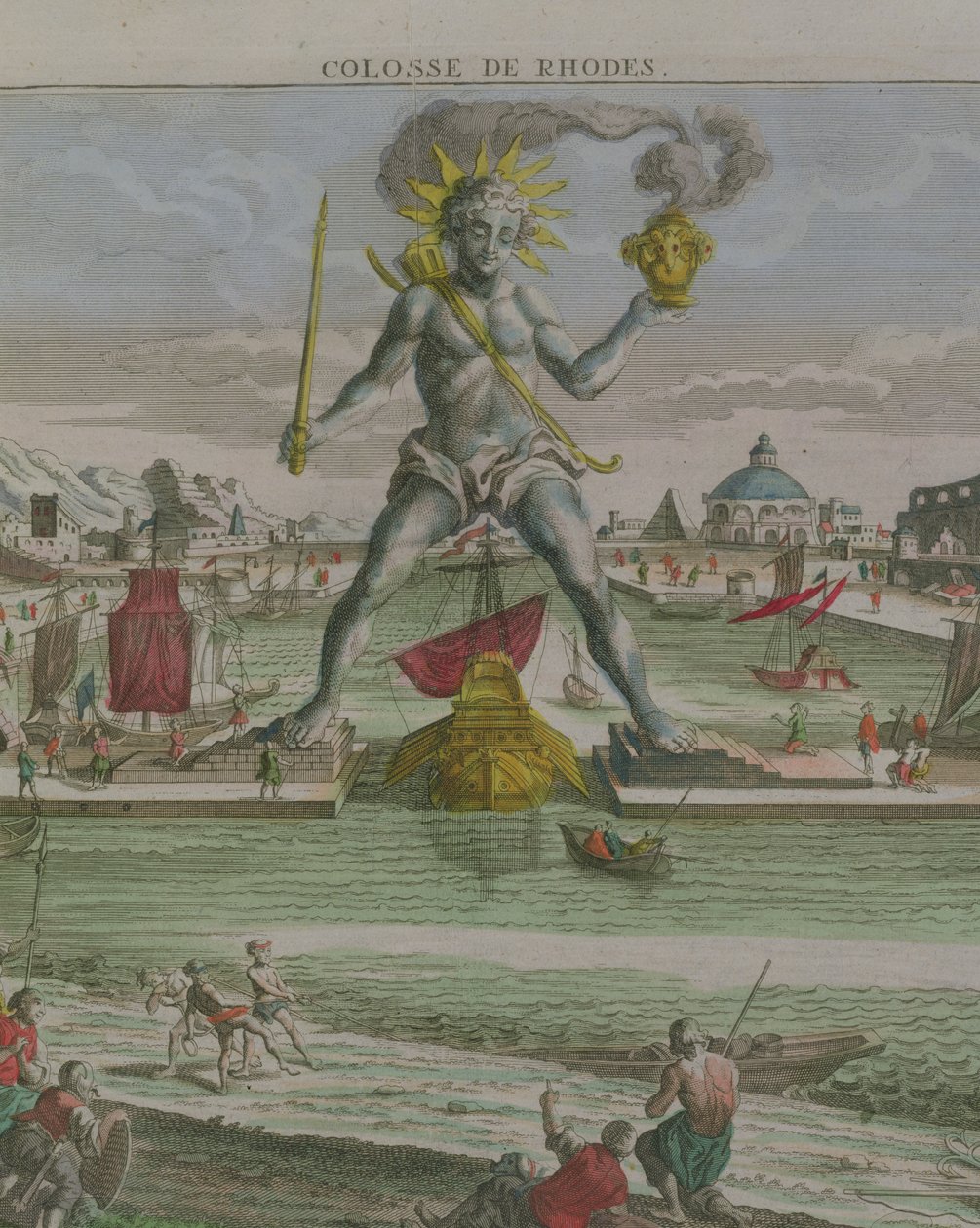 The Colossus of Rhodos, detalje af statuen, der skræver indgangen til havnen, graveringsdetalje af 87200 af Georg Balthasar Probst