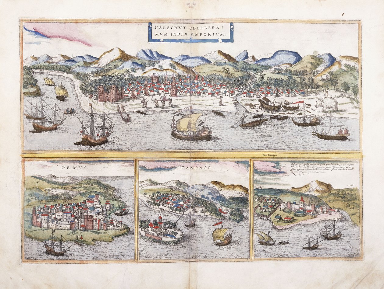 Udsigt over Calcutta, Indien, og under mindre udsigter over Ormuz ved indgangen til Den Persiske Golf, Canonor i Indien og den portugisiske fæstning El Mina i Vestafrika, 1572 af Georg Braun