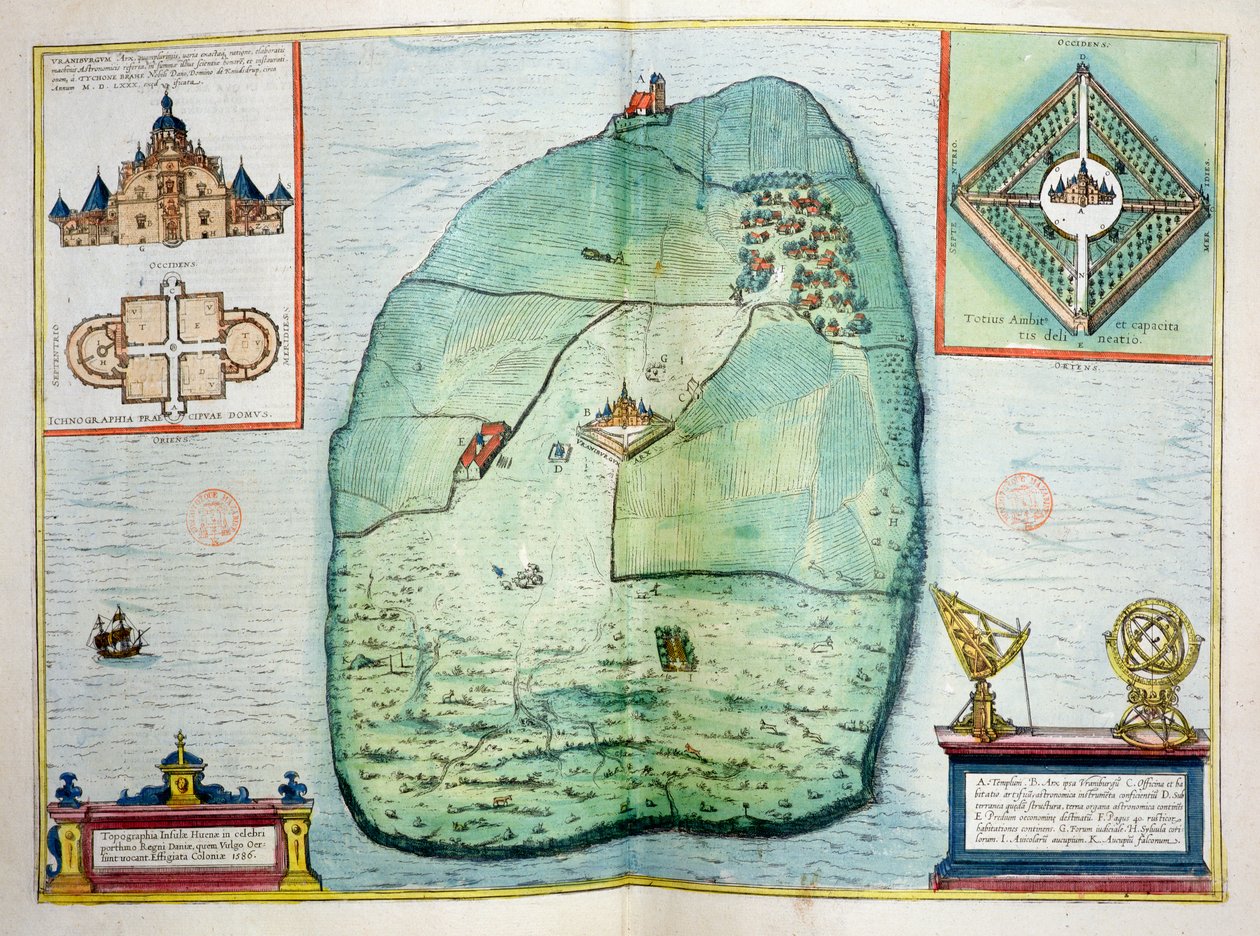 Slottet og observatoriet i Uraniborg på øen Hven, Danmark, bygget ca. 1584 af Tycho Brahe (1546-1601), fra Urbium Praecipuarum Mundi Theatrum Quintum, udgivet Köln, 1598 (farve) af Georg Braun und Franz Hogenberg