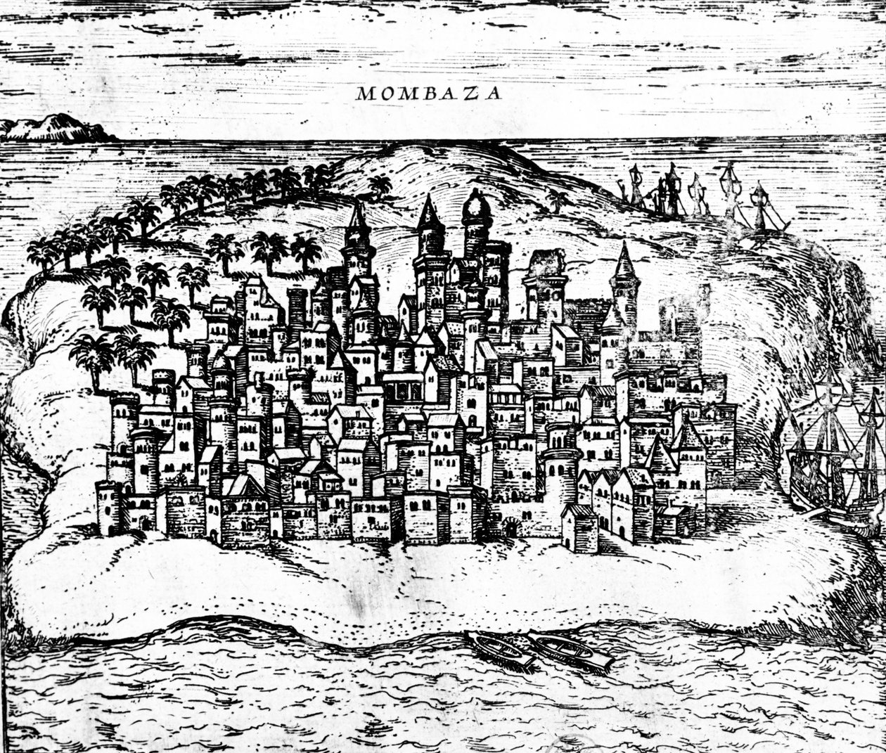 Udsigt over Mombaza, fra Georg Brauns Civitates orbis terrarum, udgivet i 1572, graveringsdetalje af 483404 af Georg Braun und Franz Hogenberg