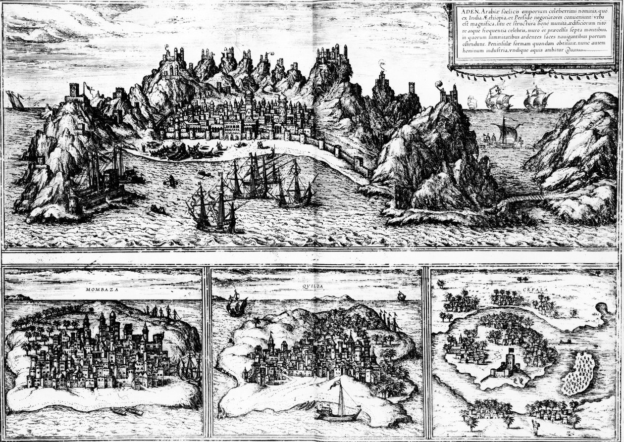 Udsigt over Aden, Mombaza, Quiloa og Cefala, fra Georg Brauns "Civitates orbis terrarum", udgivet i 1572 af Georg Braun und Franz Hogenberg