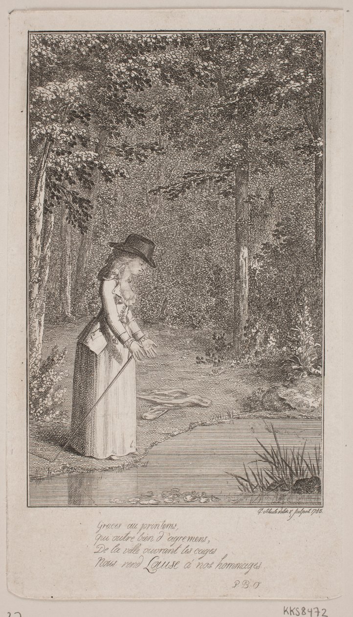 En ung dame står i en skov ved vandbred af Georg Christian Schule