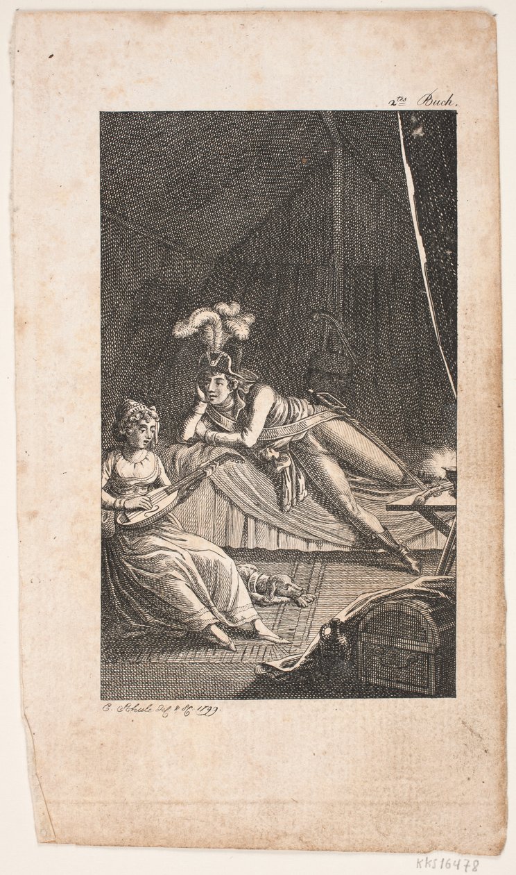 Illustration med en dame der spiller lut for en herre i et telt af Georg Christian Schule