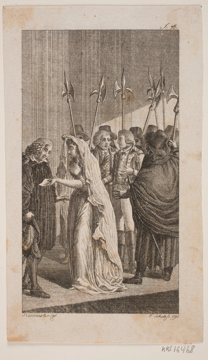 Illustration med en ung dame, der giver et brev til en ældre mand. I baggrunden to herre omgivet af byvagter af Georg Christian Schule