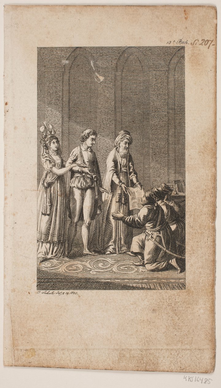 Illustration med et ungt par med en orientaler og tre knælende tyrkiske soldater af Georg Christian Schule