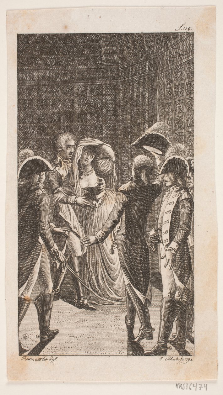 Illustration med fem militærpersoner og en dame af Georg Christian Schule