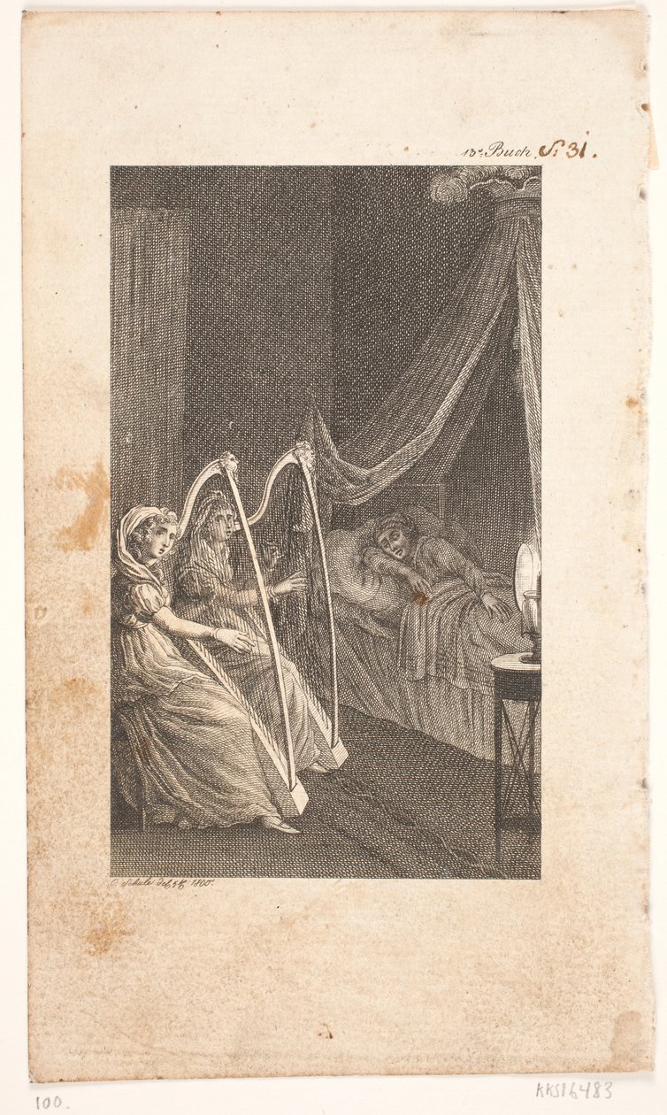 Illustration med harpespillere af Georg Christian Schule