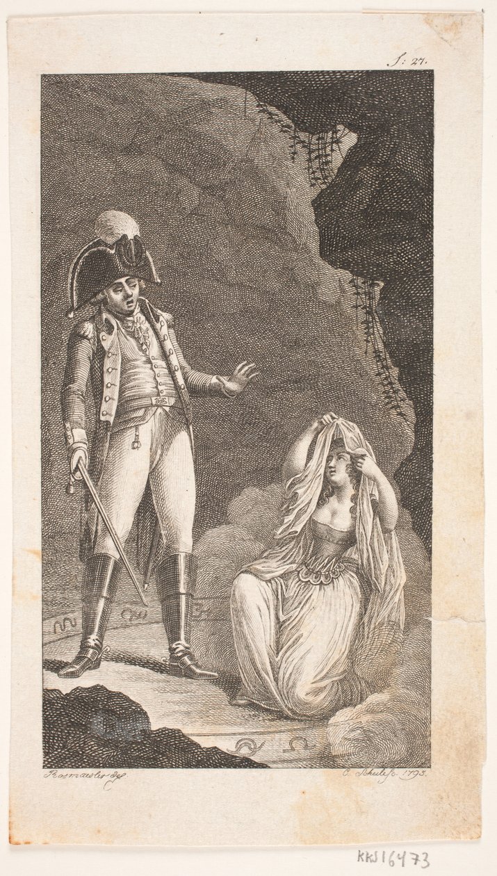 Illustration med officer og knælende dame af Georg Christian Schule