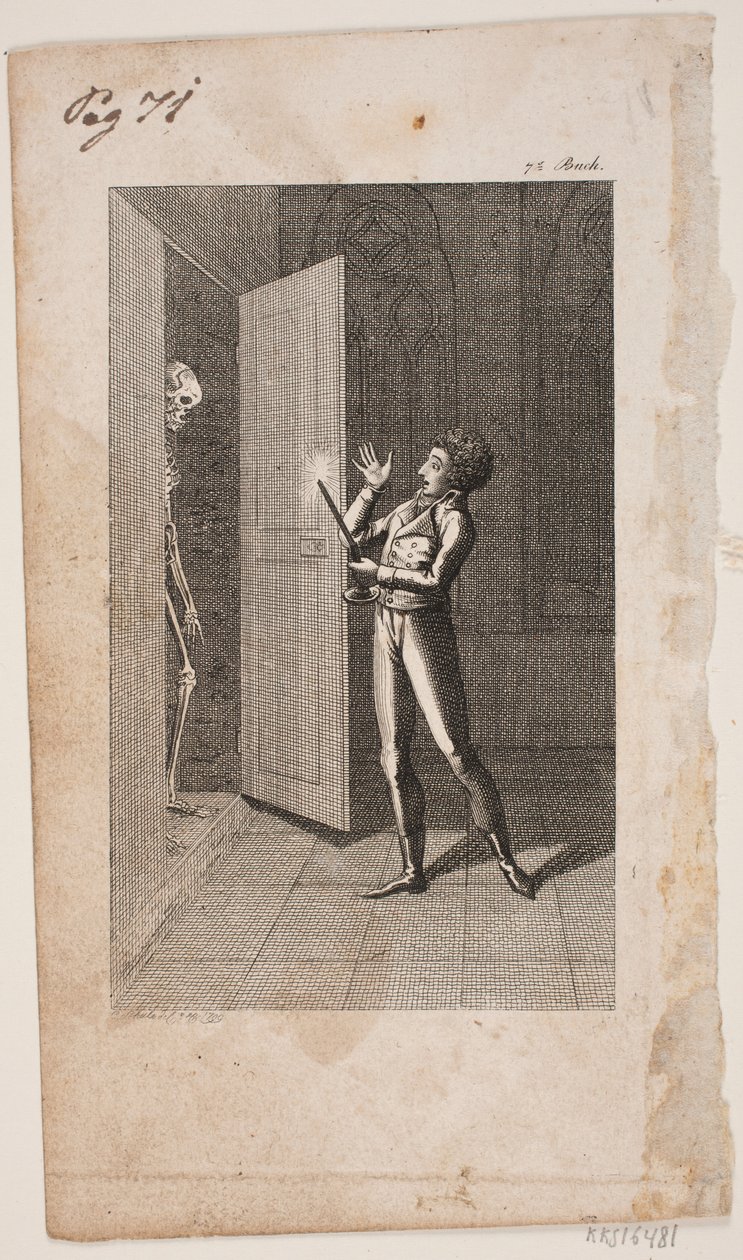 Illustration med ung mand og skelet af Georg Christian Schule