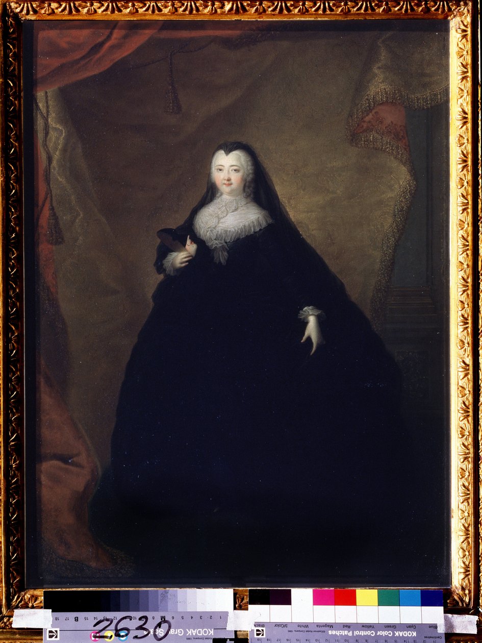 ""Portræt af Elisabeth Petrovna (1709-1762) Kejserinde af Rusland under navnet Elisabeth I, datter af Peter den Store"" Hun er forklædt, holder en maske i hånden. Maleri af Georg-Christoph (Georg Christoph) Grooth (1716-1749) 1748 State Tretyakov G af Georg Christoph Grooth