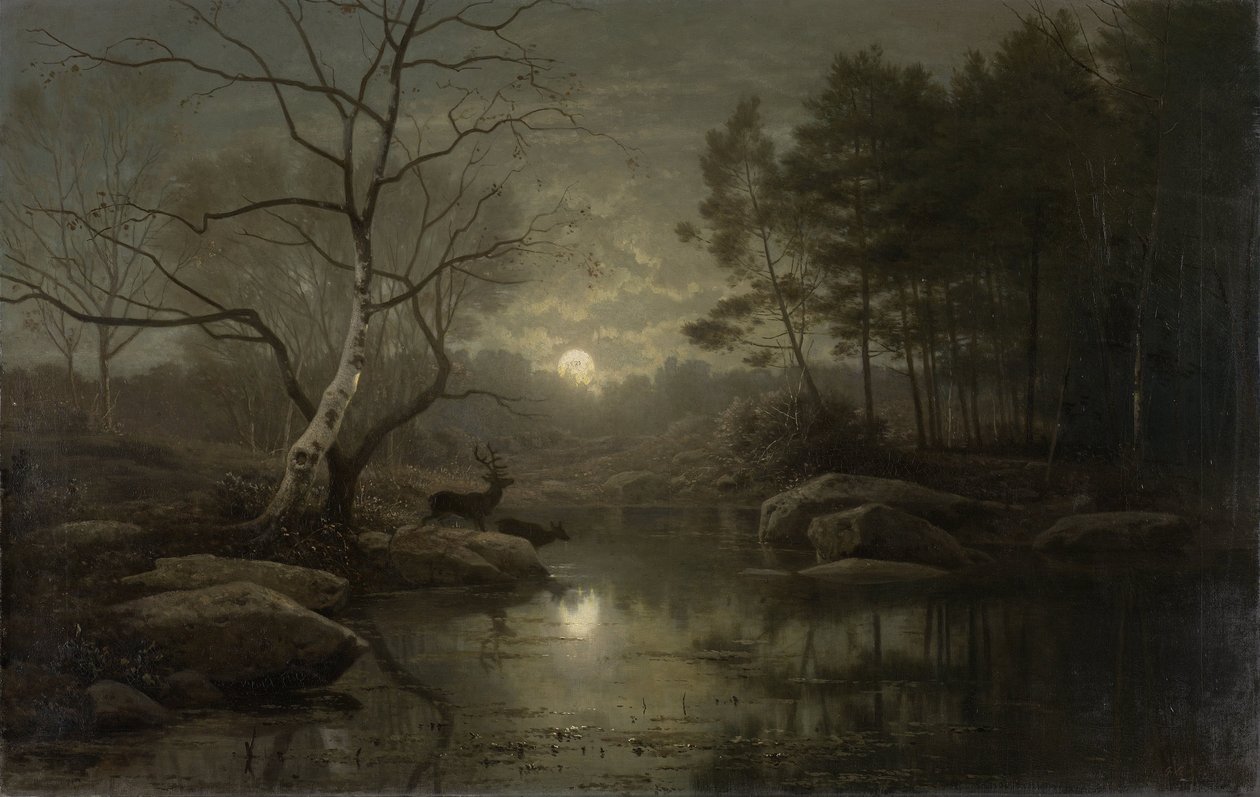 Skovlandskab i måneskin af Georg Eduard Otto Saal