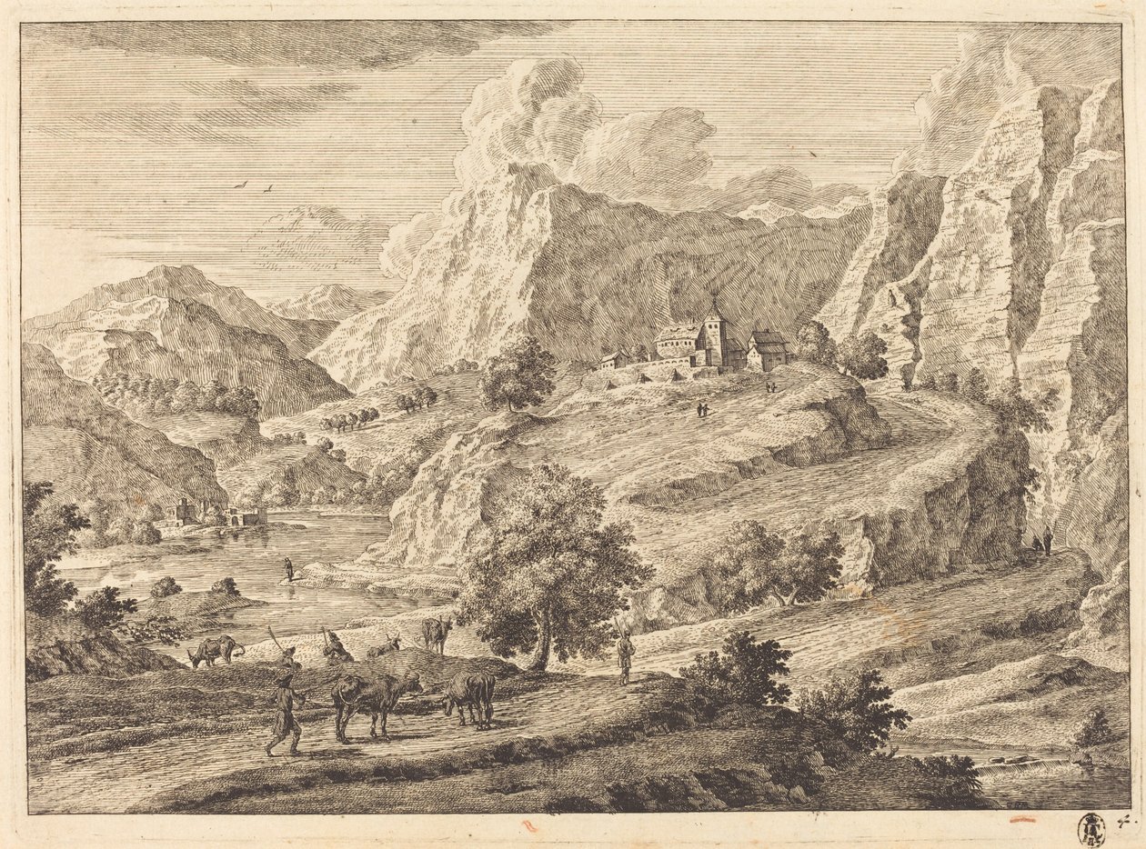 Bjergrigt Landskab med Figurer og et Kloster af Georg Eisenmann