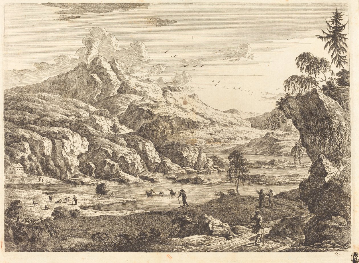 Bjergrigt flodlandskab med figurer af Georg Eisenmann