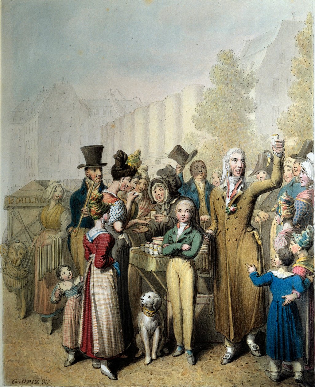 Boulevard de la Madeleine, charlatanen Litografi af George Emanuel Opitz (1775-1841) 1831 Paris. Karnevalsmuseet af Georg Emanuel Opitz