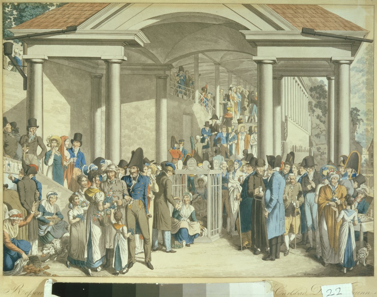 Sundhedsfællesskab ved Karlsbader-fontænen, 1810 (akvatintetegning) af Georg Emanuel Opitz