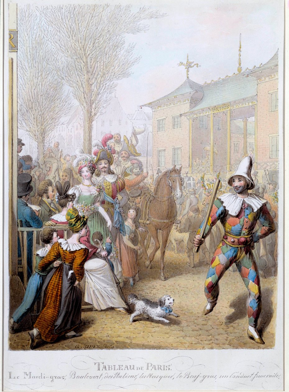 Mardi Gras på Boulevard des Italians i Paris Illustration af George Emanuel Opitz (1775-1841) Paris fra det 19. århundrede, Musee Carnavalet af Georg Emanuel Opitz