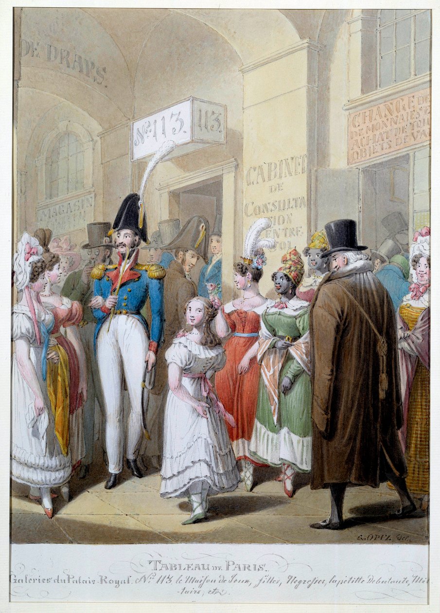 Maleri af Paris: gallerierne i Palais Royal i Paris. Mænds gåtur gennem den overdækkede passage for at møde prostituerede. Illustration af George Emanuel Opitz (1775-1841) Paris fra det 19. århundrede, Musee Carnavalet af Georg Emanuel Opitz