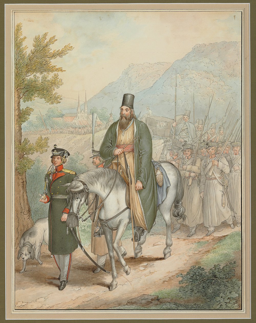Russiske soldater, der ledsager en præst til hest, af Georg Emanuel Opitz