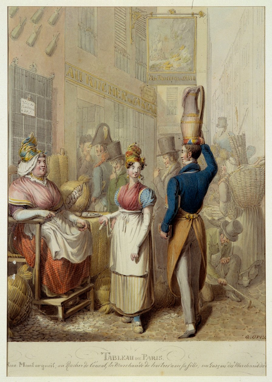Tableau de Paris: rue de la rue Montorgueil og caferestaurant "Le Rocher de Cancale" i Paris. Gadehandlere og forbipasserende. Litografi af tyskeren George Emanuel Opitz (1775-1841) af Georg Emanuel Opitz
