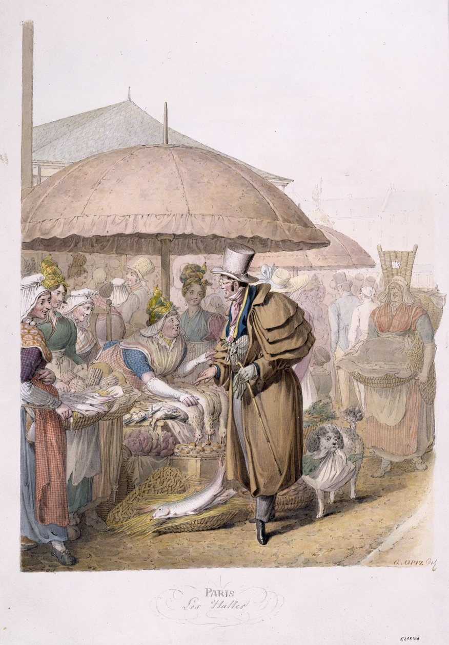 Markederne i Les Halles, 1831 (wc på papir) af Georg Emanuel Opitz