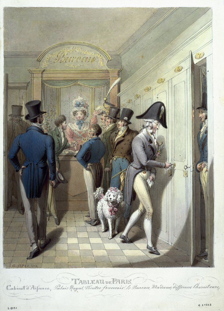 Kontoret for Theatre Francais, fra Tableau de Paris, 1815-30 (wc på papir) af Georg Emanuel Opitz