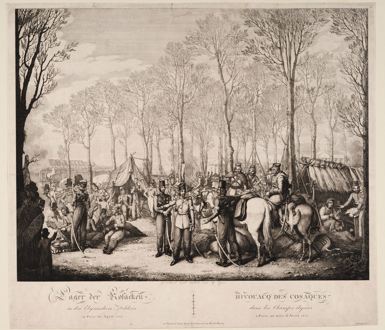 Kosakkernes bivuak på Avenue des Champs-Elysées i Paris i april 1814, 1814 af Georg Emanuel Opiz