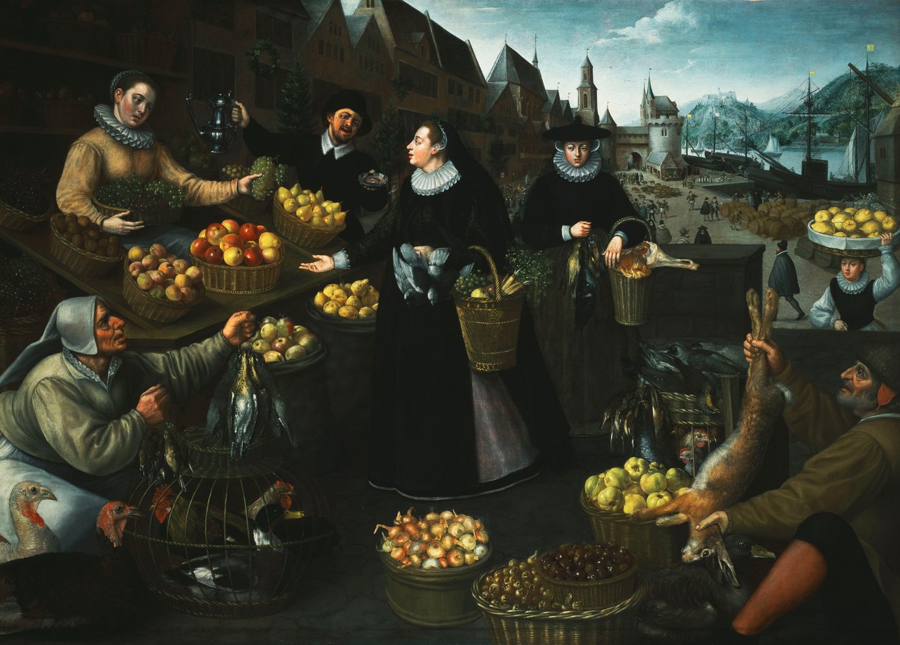 En allegori om efteråret: En frugt- og grøntsagsbod over Weinmarkt i Frankfurt, af Georg Flegel