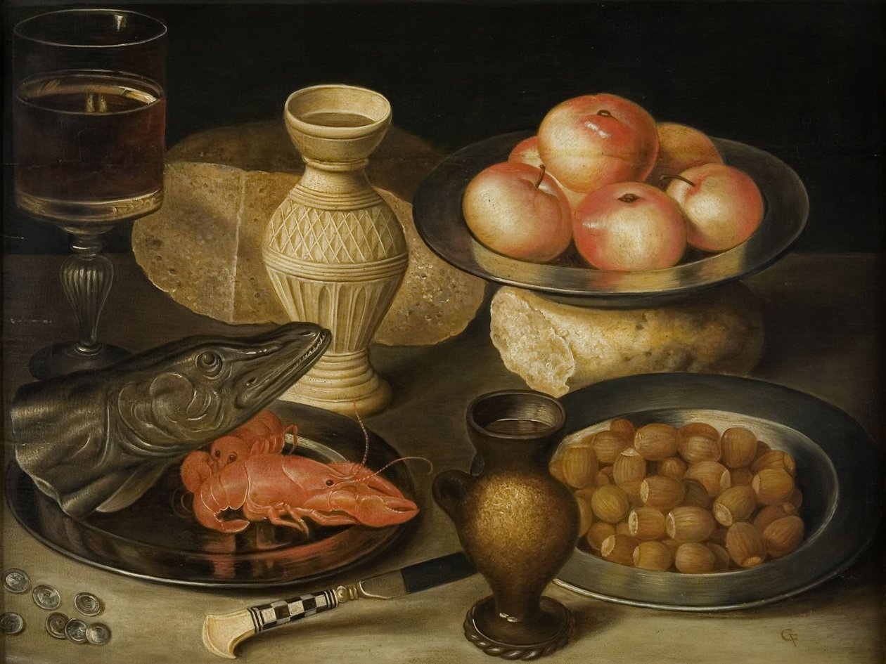 Stilleben med Siegburg stentøjskande, glas, kniv, to brød, begyndelsen af 1600-tallet.. af Georg Flegel
