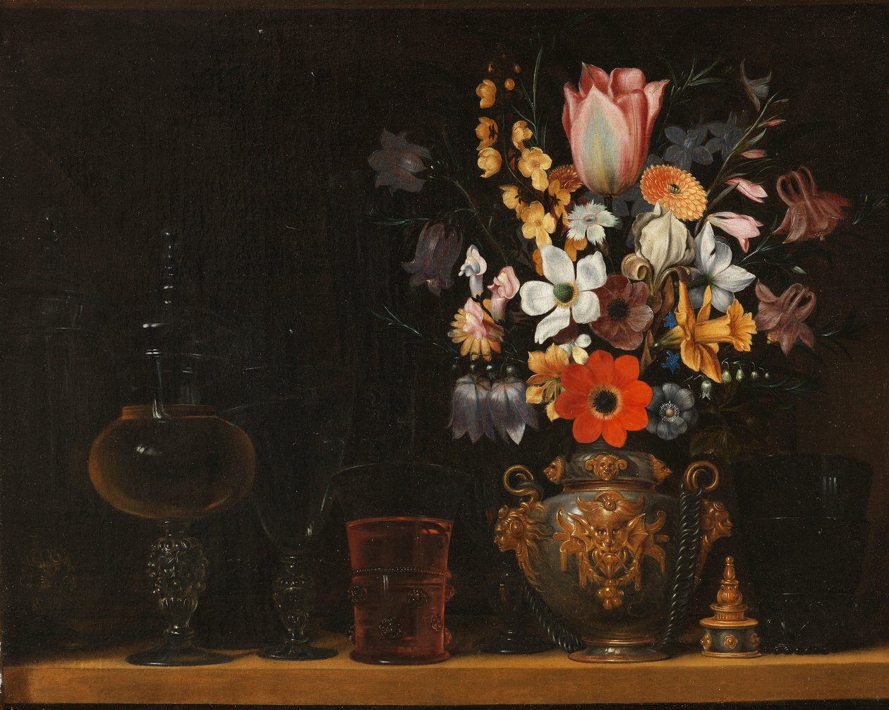Stilleben med en buket blomster og glaspokaler af Georg Flegel