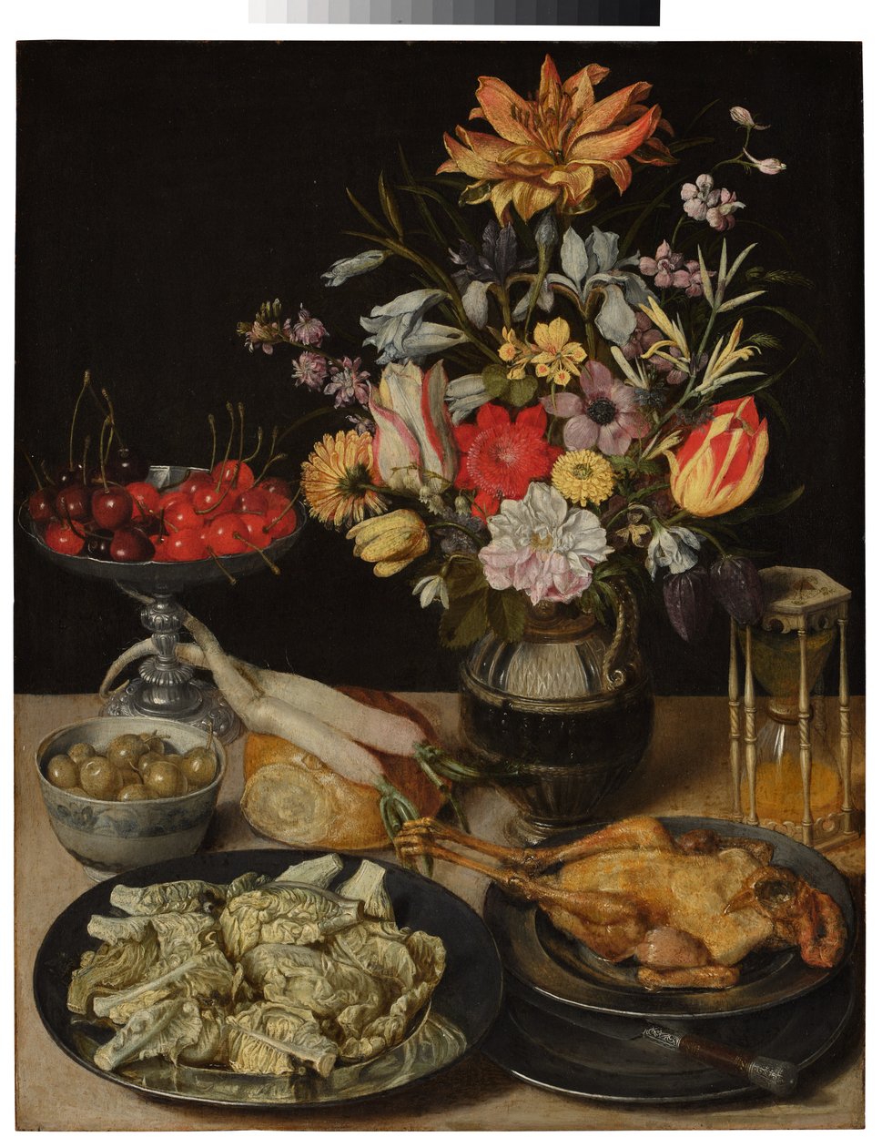 Stilleben med blomster og fødevarer af Georg Flegel