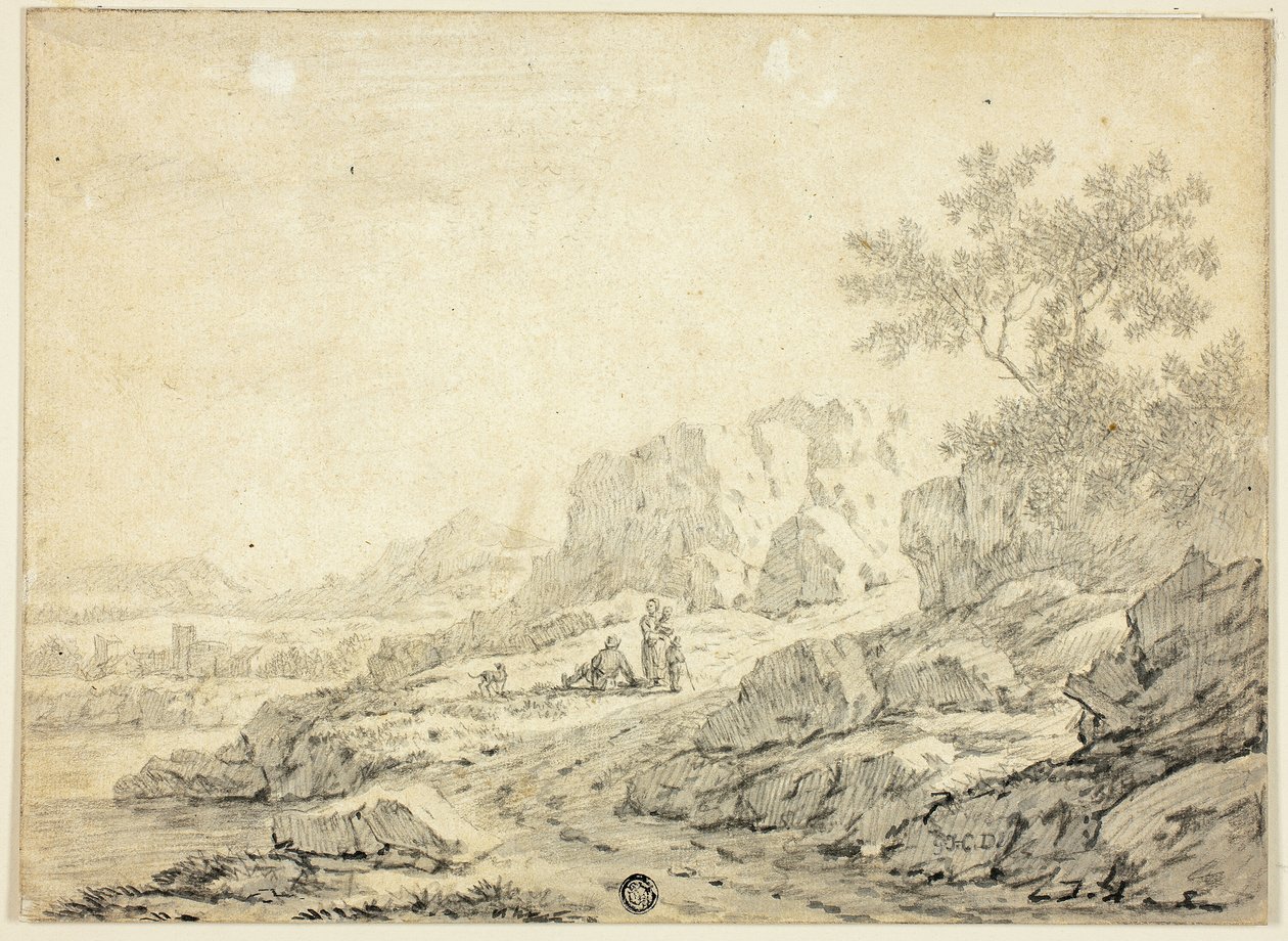 Klippelandskab med figurer og hund på sti af Georg Friedrich Dietzsch