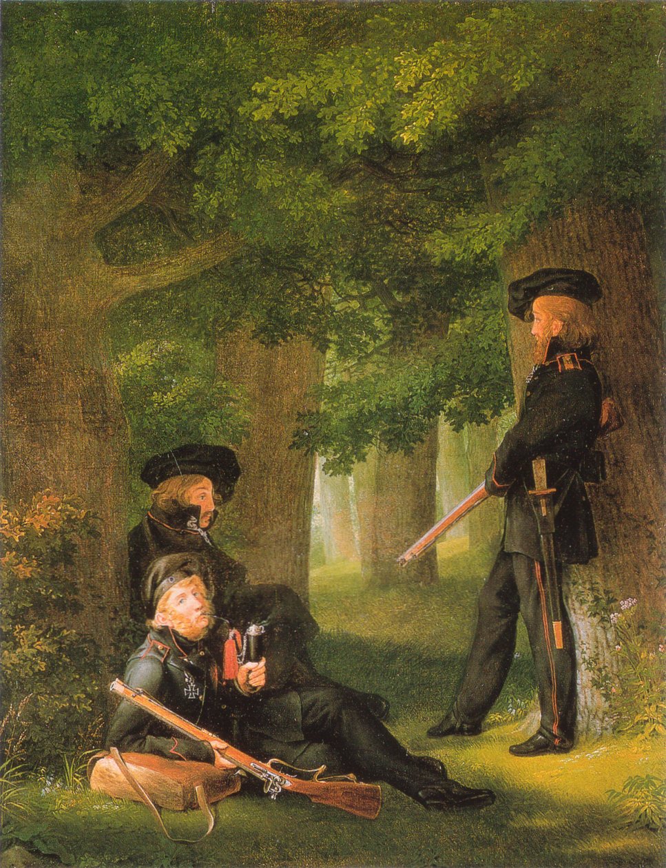 Tysk: Theodor Körner, Friedrich Friesen og Heinrich Hartmann på forposttjeneste af Georg Friedrich Kersting