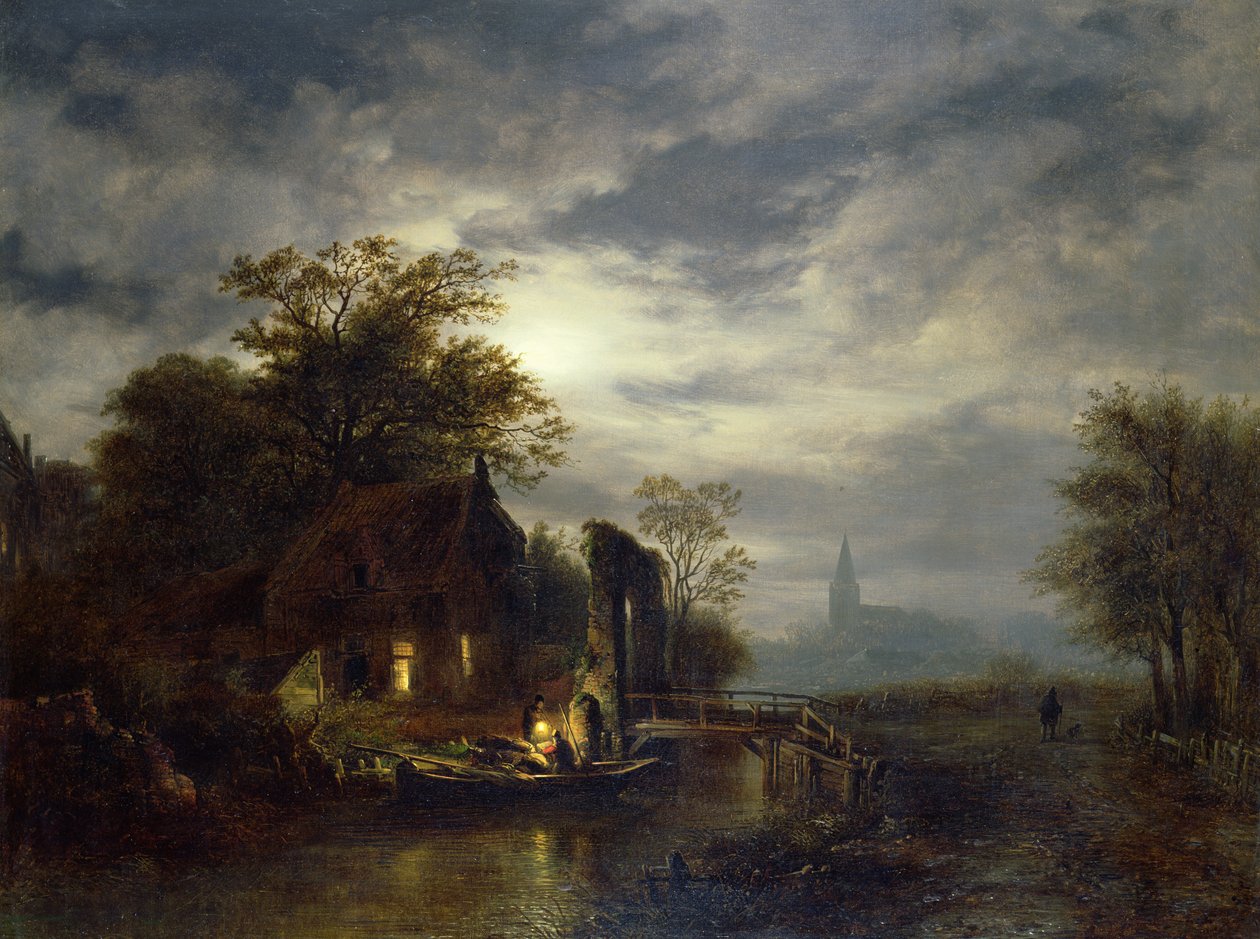 Månebelyst flodscene med figurer, der losser en båd af Georg Gillis van Haanen