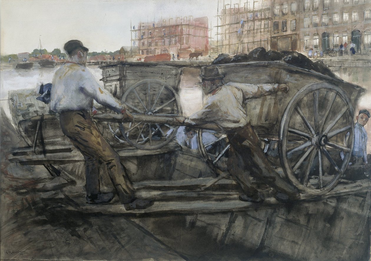 Arbejdere trækker en tungt læssende vogn på Jacob van Lennepkade, Amsterdam, 1900 af George Hendrik Breitner