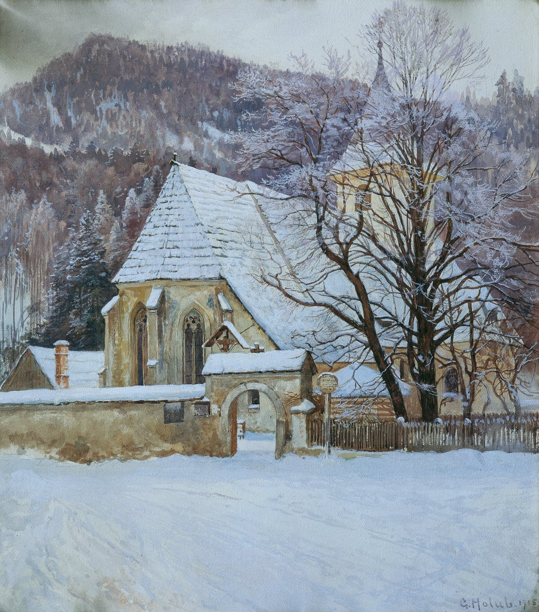 Vinter i Rosenthal nær Kapellen (Styrien) med en gammel gotisk kirke af Georg Holub