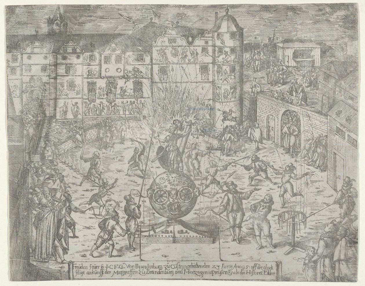 Fyrværkeri den 23. juni 1595 for indrejsen til Küstrin af Markgreven af Brandenburg og Du..., 1595. af Georg Keller
