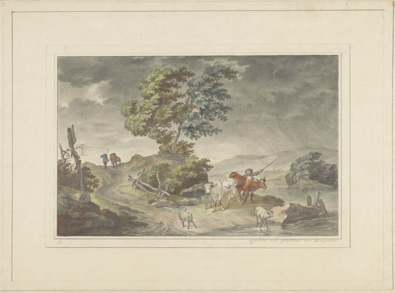 Bakket landskab med kvæghyrder og vandrere mod en truende himmel af Georg Lamprecht (possibly)